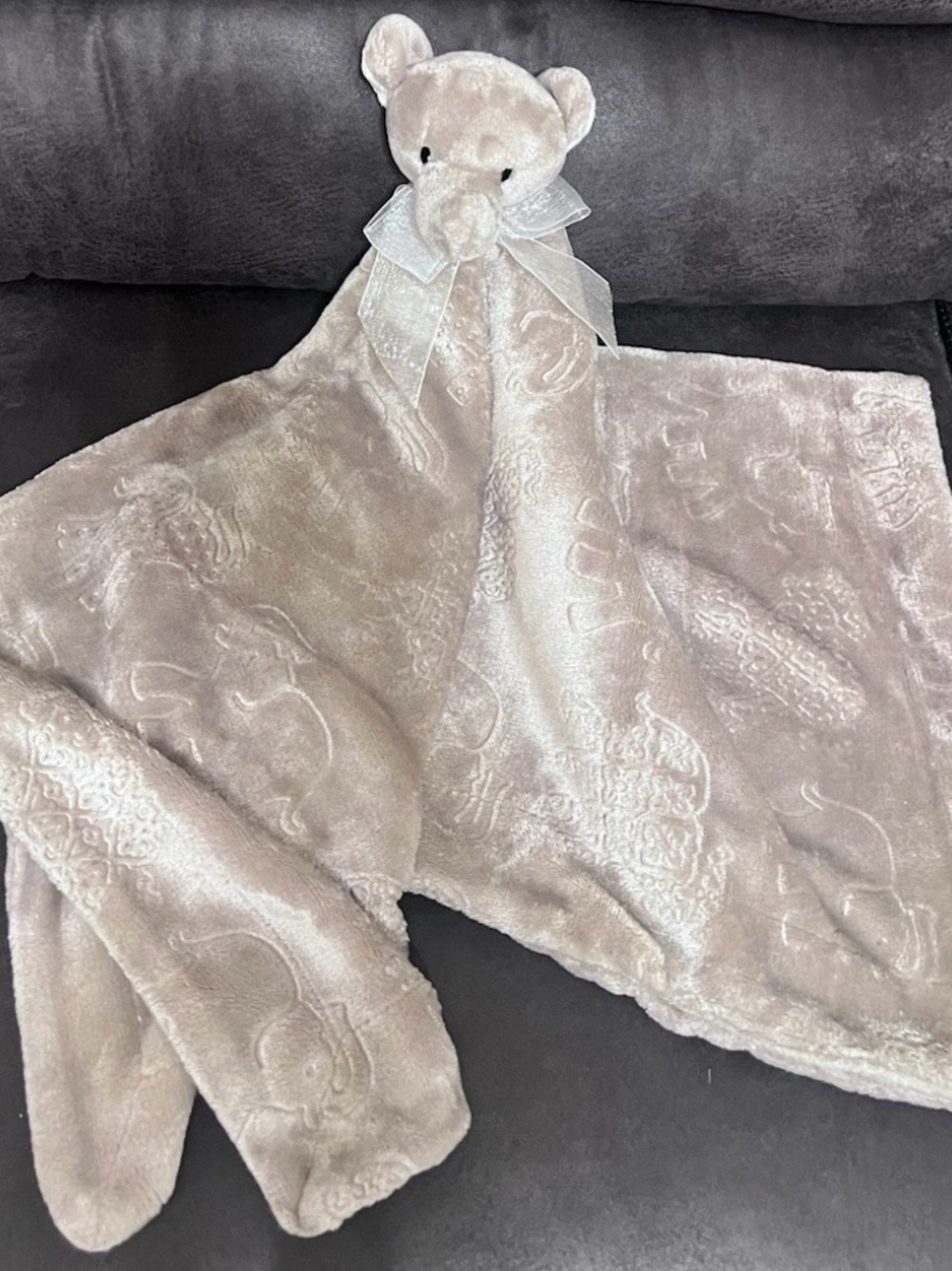 THRO Beth Bazaar Gray Elephant Security Blanket Embossed Elephants Nunu 30x30”